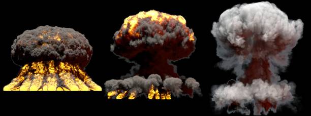 istock 3D illustration of explosion - 3 big different phases fire mushroom cloud explosion of nuke bomb with smoke and flame isolated on black background 1152550048
