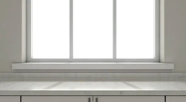 A closeup view of an empty kitchen countertop facing a window looking outwards In the morning - 3D render