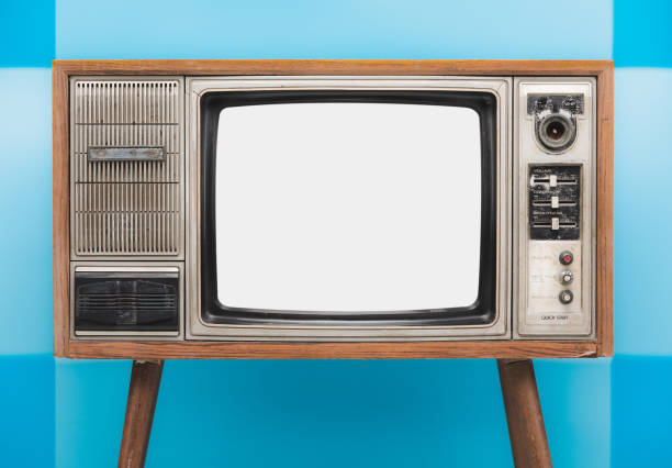 istock Vintage TV : old retro TV set isolated on blue background.  Bank white screen with copy space . 1152552000