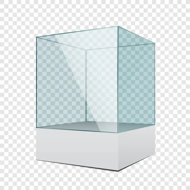 Vector illustration of 3d empty transparent glass showcase with podium