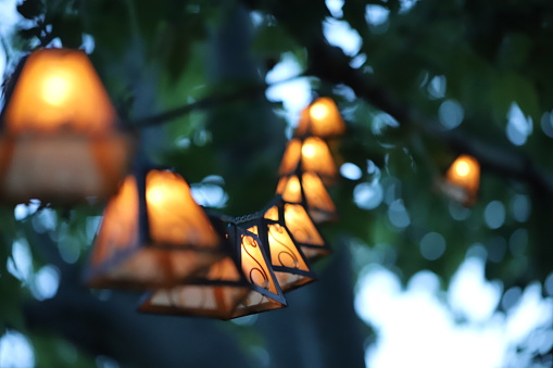A string of hanging lanterns, with a couple in the middle in focus
