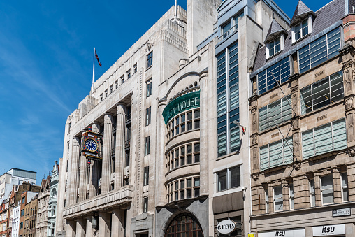 London, UK - May 14, 2019: Exterior view of Goldman Sachs International building in London and Mersey House in Fleet Street