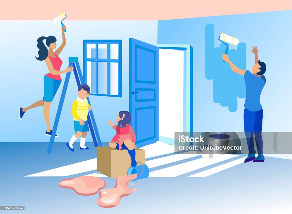 Family And Home Renovation Cartoon Illustration Stock Illustration -  Download Image Now - House, Painting - Art Product, Assistance - iStock