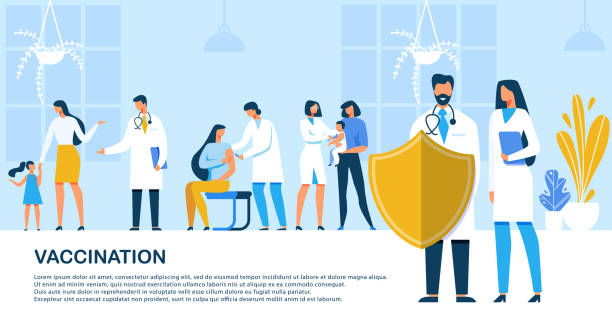 Flat Banner Inscription Vaccination, Cartoon. Flat Banner Inscription Vaccination, Cartoon. Scientist Men and Women are Involved in Researching and Testing New Drugs. Doctor Man Makes an Injection to Woman. Vector Illustration. electrical outlet illustrations stock illustrations