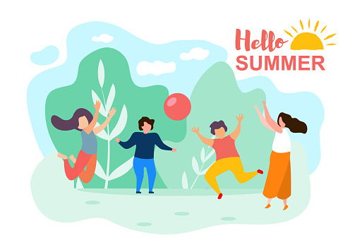Happy Cartoon Children Play Ball Sunny Summer Day in Park Vector Illustration. Nature Recreation, Spring Holidays, Sport Activity Outdoors. Childhood, Family Vacation, Frienship, Baby Leisure