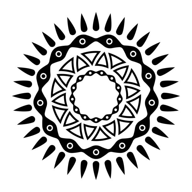 ilustraciones, imágenes clip art, dibujos animados e iconos de stock de adorno circular abstracto. símbolo étnico aislado. símbolo de sol estilizado. roseta de elementos geométricos. - tatuajes del sol