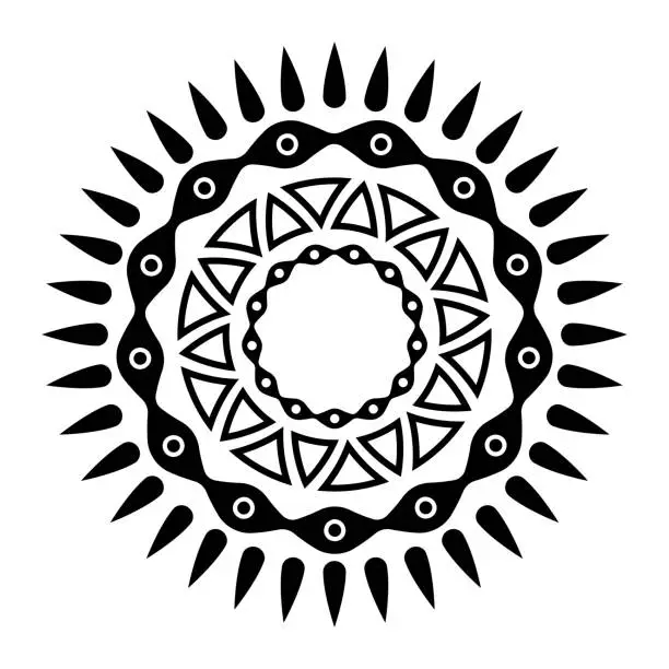 Vector illustration of Abstract circular ornament. Isolated ethnic symbol. Stylized sun symbol. Rosette of geometric elements.