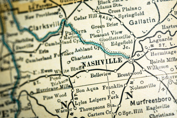 ilustrações, clipart, desenhos animados e ícones de detalhe antigo do close-up do mapa dos eua: nashville, tennessee - tennessee map nashville usa