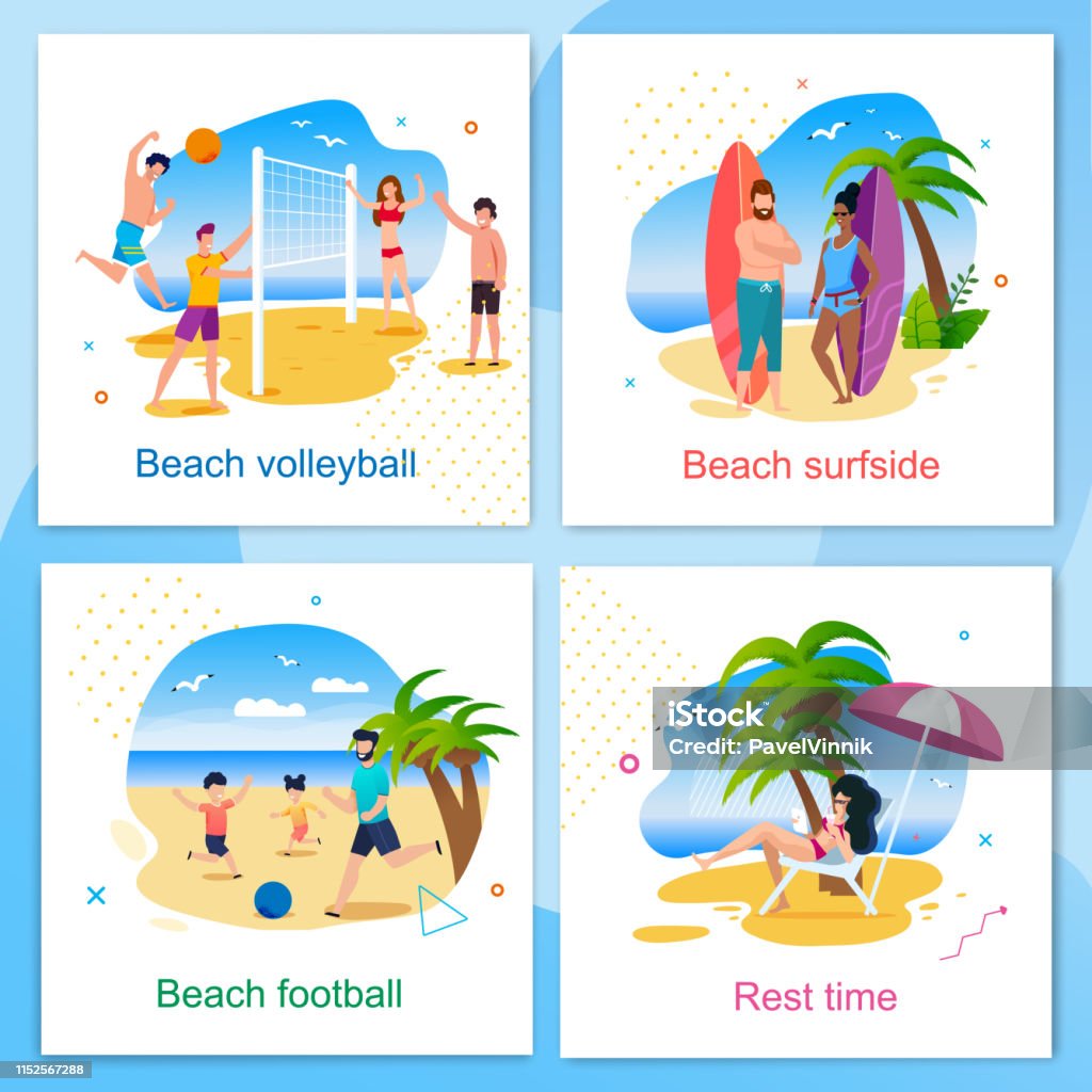 Rest and Active Time on Beach Cartoon Cards Set Rest and Active Time on Beach Cartoon Cards Set. Volleyball, Football, Surfside and Resting Zone. Summer Vacation and Recreation Outdoors. Vector Active People Having Fun Isolated Illustration Beach stock vector