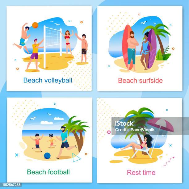 Rest And Active Time On Beach Cartoon Cards Set Stock Illustration - Download Image Now - Beach, Soccer, Adult