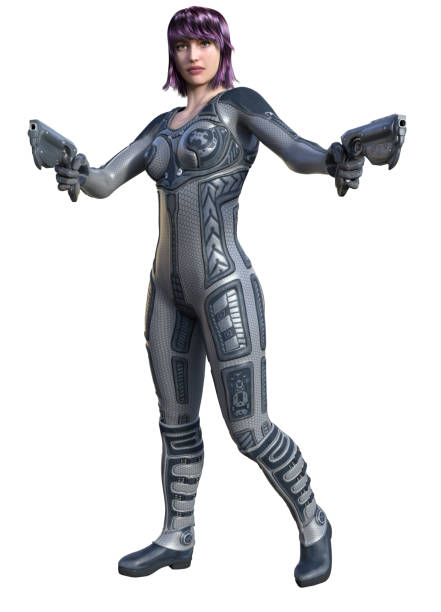 istock futuristic Warrior woman armed with guns, 3d illustration 1152567492