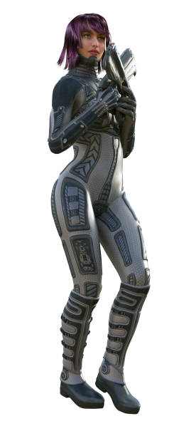 istock futuristic Warrior woman armed with guns, 3d illustration 1152567501
