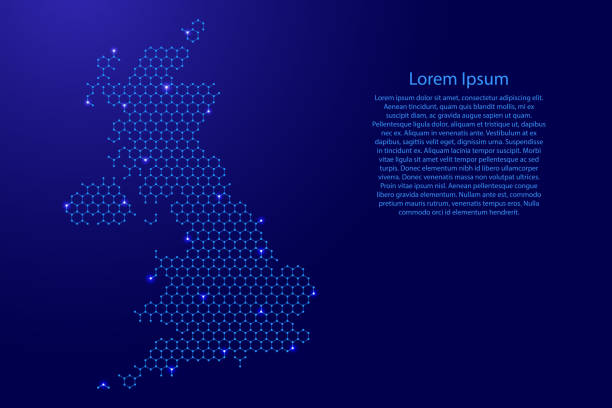 istock United Kingdom map from futuristic hexagonal shapes, lines, points  blue and glowing stars in nodes, form of honeycomb or molecular structure for banner, poster, greeting card. Vector illustration. 1152567595