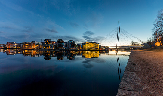 A panorama of the Ypsilon pedestrian bridge in Drammen, Norway