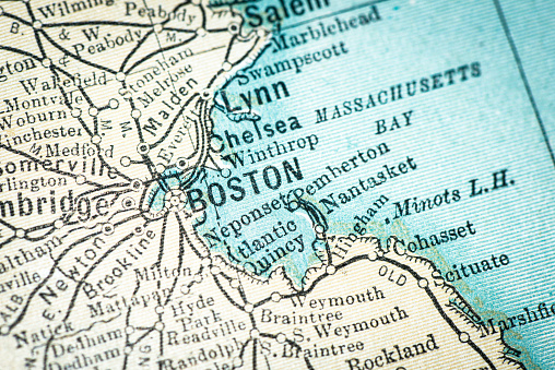 Antique USA map close-up detail: Boston, Massachusetts