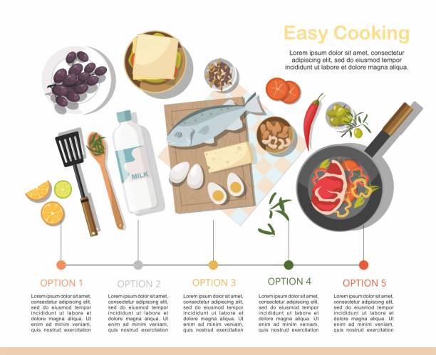 ilustrações de stock, clip art, desenhos animados e ícones de infographic, different dishes and food. top view. - vegetables table
