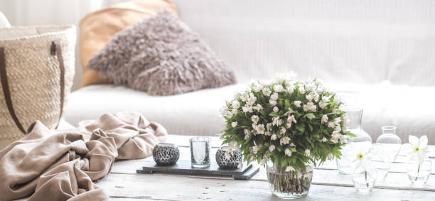 still life interior details in the living room and decor - vehicle interior green sofa indoors imagens e fotografias de stock