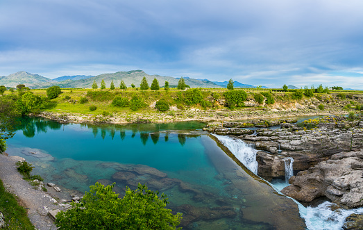 Montenegro, XXL panorama of popular waterfall niagara falls near podgorica in beautiful unspoiled nature landscape