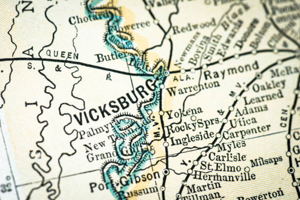Antique USA map close-up detail: Vicksburg, Mississippi Antique USA map close-up detail: Vicksburg, Mississippi vicksburg stock illustrations
