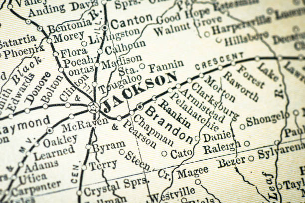 Antique USA map close-up detail: Jackson, Mississippi