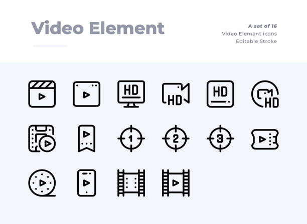 значки линии элемента видео. материал дизайн пикселя идеальный значок. редактируемый ход. 32x32 пиксель идеальный значок - video home video camera shooting video still stock illustrations