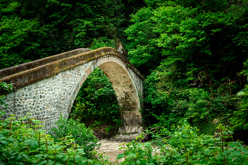 Old historical stone bridge on river at black sea region camlıhemsin rize turkey.