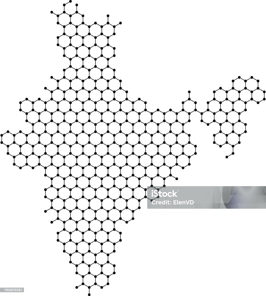 India map from abstract futuristic hexagonal shapes, lines, points black, in the form of honeycomb or molecular structure. Vector illustration. Art stock vector