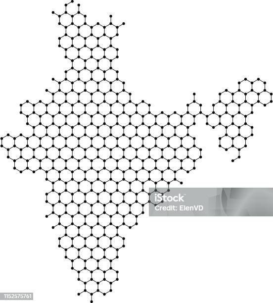 India Map From Abstract Futuristic Hexagonal Shapes Lines Points Black In The Form Of Honeycomb Or Molecular Structure Vector Illustration Stock Illustration - Download Image Now