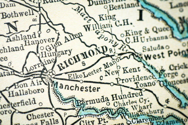 ilustrações, clipart, desenhos animados e ícones de detalhe antigo do close-up do mapa dos eua: richmond, virgínia - virgínia estado dos eua