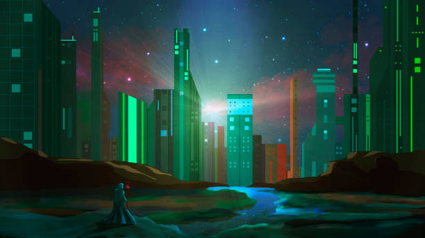 istock Magician stand on rock with river and sci-fi city at night. Digital painting 1152583659