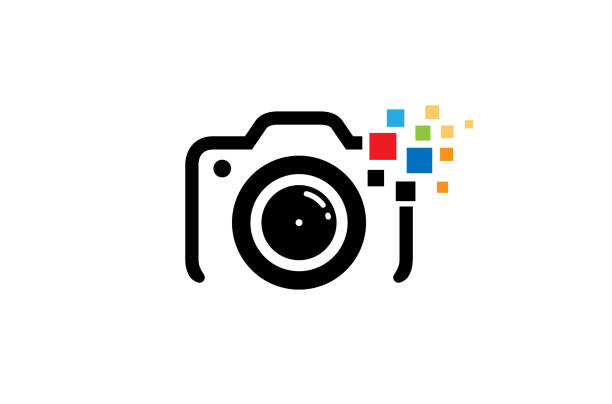 ilustrações, clipart, desenhos animados e ícones de criativo preto câmera colorido pixel logotipo design ilustração vetorial símbolo - photographer