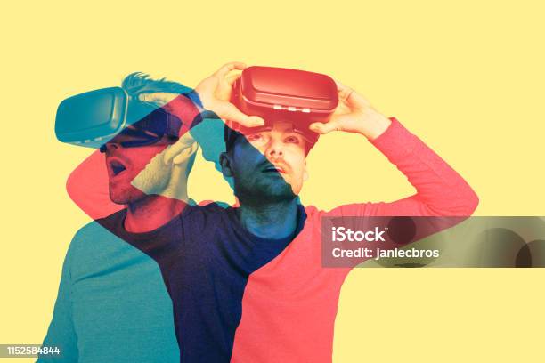 Man Exploring Virtual Reality Double Exposure Stock Photo - Download Image Now - Virtual Reality Simulator, Virtual Reality, Virtual Reality Point of View