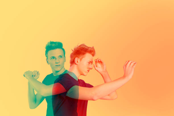 Teenager having fun with imaginary objects. Double exposure