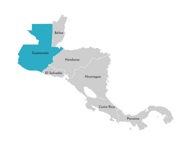 векторная иллюстрация с упрощенной картой региона центральной америки с синим контуром гватемалы. серые силуэты, белый контур границы шта� - central america illustrations stock illustrations