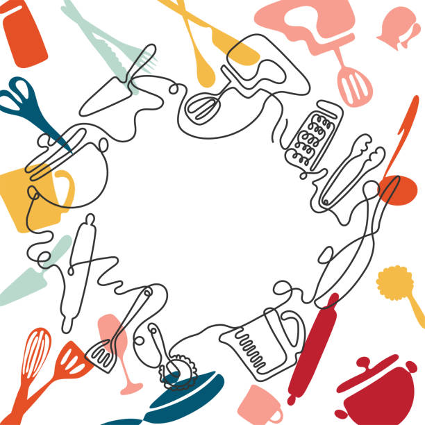 餐廳功能表的一行繪圖概念。刀、叉、板、鍋、勺子、磨床、鋼包、滾針的連續線條藝術 - rolling fork 幅插畫檔、美工圖案、卡通及圖標