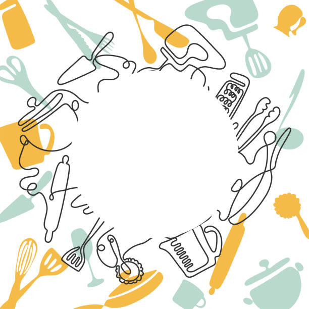 ilustraciones, imágenes clip art, dibujos animados e iconos de stock de un concepto de dibujo de línea para un menú de restaurante. arte de línea continua de cuchillo, tenedor, placa, sartén, cuchara, rallador, cucharón, rodillo - rolling fork