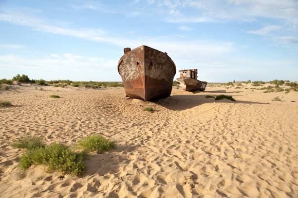Abadoned ship in Aral Desert, Munyak, Karakalpakstan, Uzbekistan stock photo