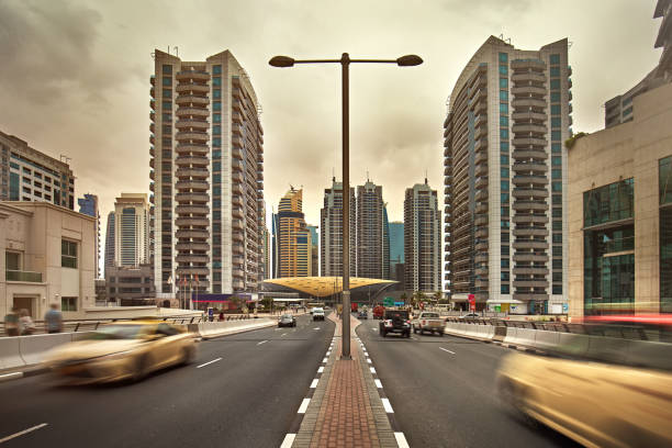 Long exposure image of taxis in Dubai.