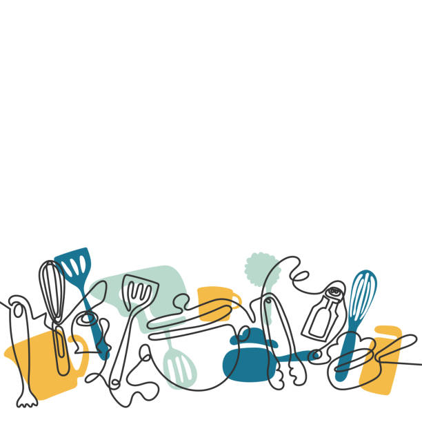 ilustrações de stock, clip art, desenhos animados e ícones de cutlery line art background. one line drawing of different kitchen utensils. vector - cozinha ilustrações