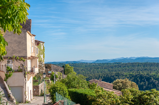 Saint-Cezaire-sur-Siagne, France - May 24, 2014: Townscape of Saint-Cezaire-sur-Siagne overlooking the surrounding countryside in the Department Alpes-Maritim of the province Provence-Alpes-Cote d Azur