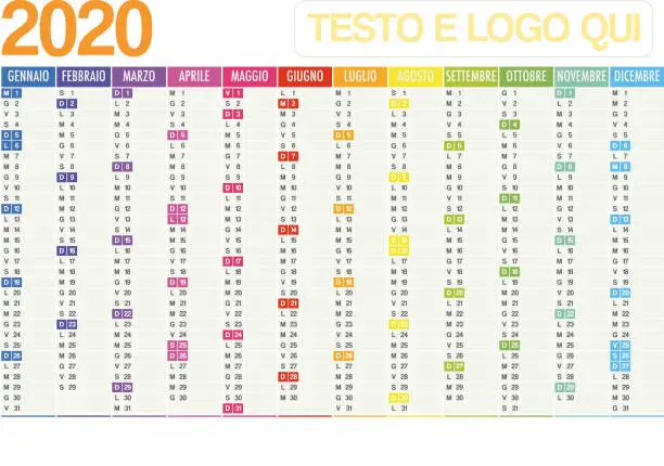 Vector illustration of 2020 Italian planner calendar with vertical months and note space on white background