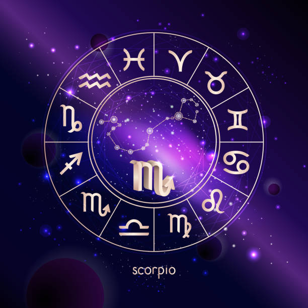 istock Vector illustration of 3D sign and constellation SCORPIO with Horoscope circle against the space background. 1152591842