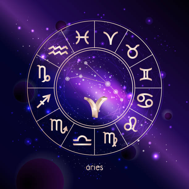 istock Vector illustration of 3D sign and constellation ARIES with Horoscope circle against the space background. 1152592560