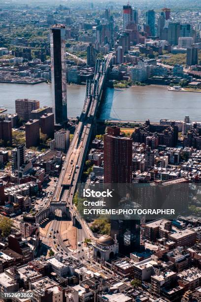 Helicopter View Of The Manhattan Bridge In New York Taken While Flying Above Manhattan Island Overlooking The Brooklyn Side Stock Photo - Download Image Now