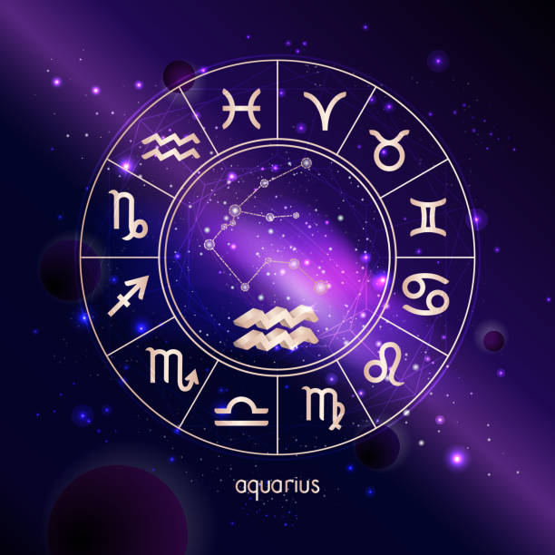 istock Vector illustration of 3D sign and constellation AQUARIUS with Horoscope circle against the space background. 1152593906