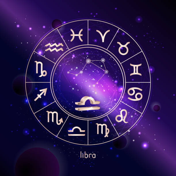 istock Vector illustration of 3D sign and constellation LIBRA with Horoscope circle against the space background. 1152594008