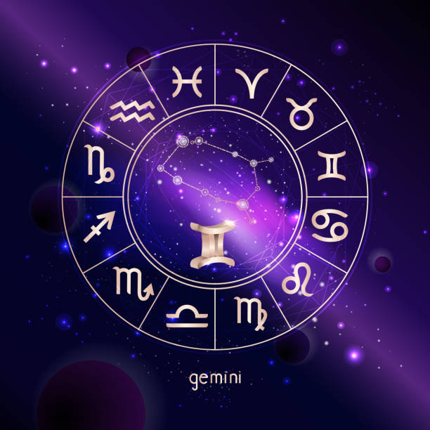 istock Vector illustration of 3D sign and constellation GEMINI with Horoscope circle against the space background. 1152594167