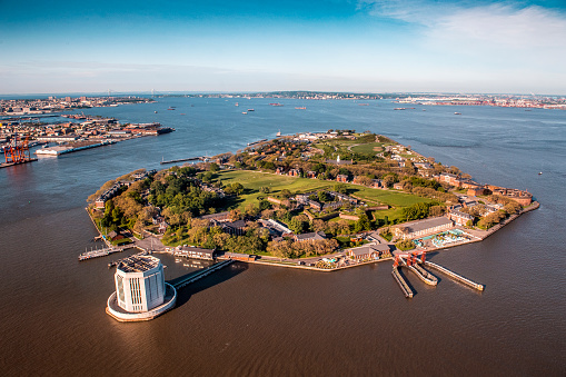 Governors island in Upper Bay, New York City, taken from a helicopter.