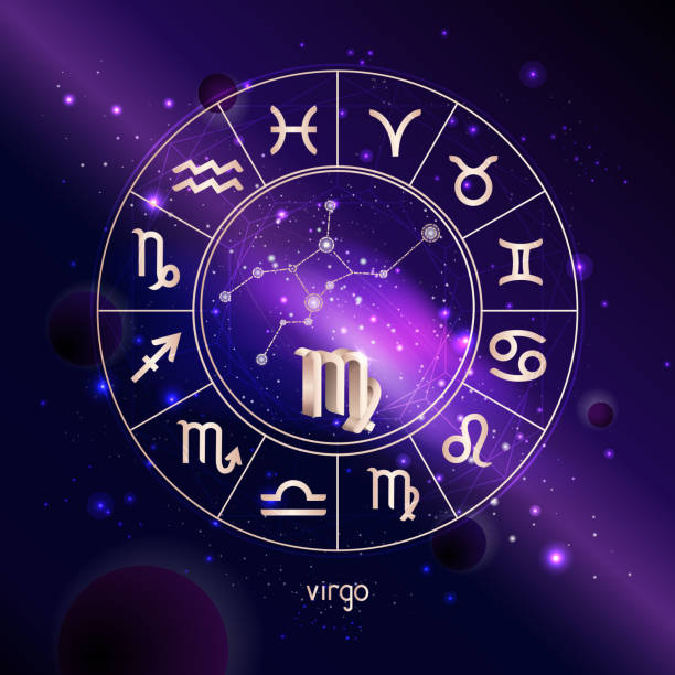 istock Vector illustration of 3D sign and constellation VIRGO with Horoscope circle against the space background. 1152594459