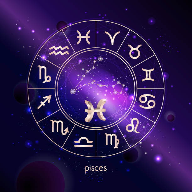 istock Vector illustration of 3D sign and constellation PISCES with Horoscope circle against the space background. 1152595095